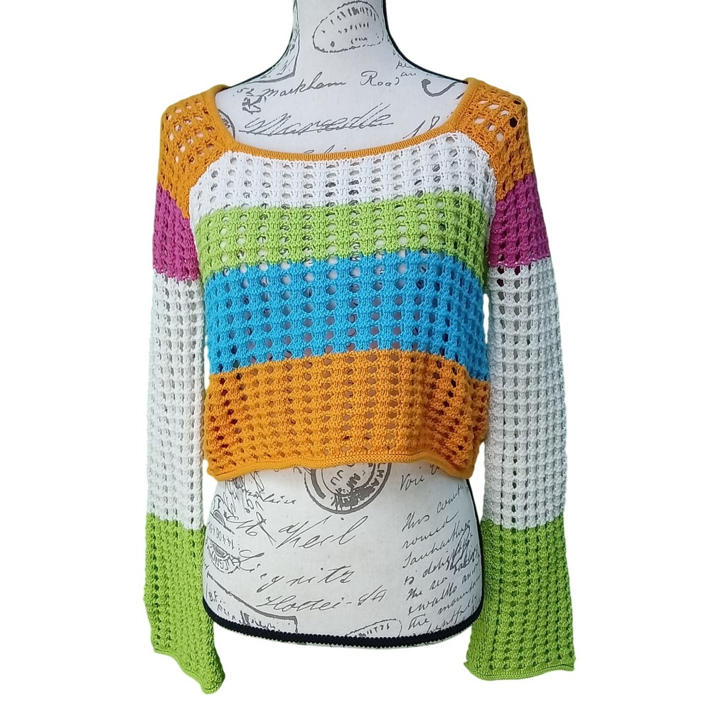 Wild Fable Cropped Sweater XXS Multicolor Stripe Crochet Knit Long‎ Sleeve